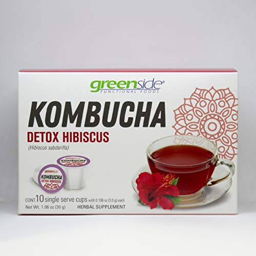 greenside Kombucha Detox Hibiscus Vitamin C Beverage - Herbal Antioxidant Probiotic Supplement - 10 Single Serve Cup - (0.106 oz/3 Gram Each)