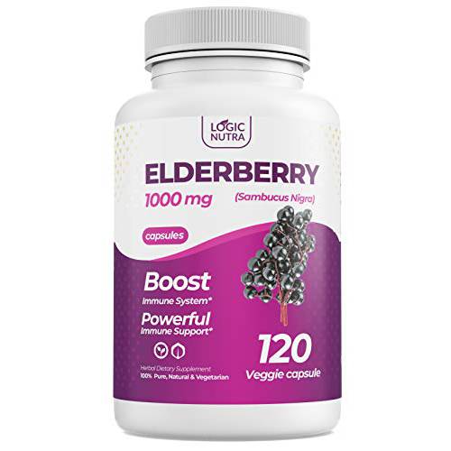 Logic Nutra Black Elderberry Capsules 1000mg Immune Support - 120 Count High Concentrated Sambucus Extract - Non-GMO, Gluten Free, Veggie Capsules