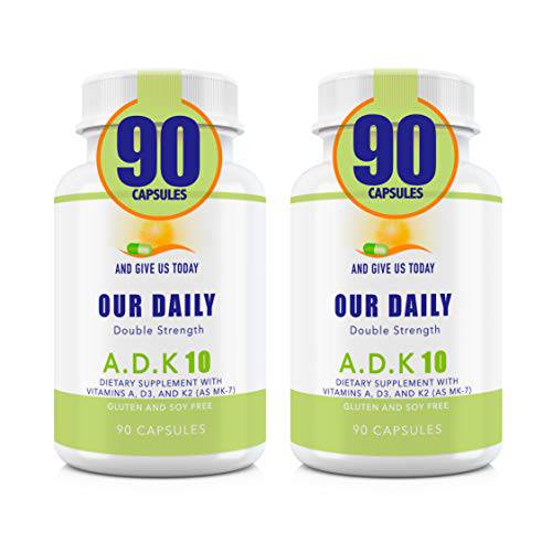 Our Daily Vites 2 PK ADK 10 Double Strength (10,000 iu) 180 Count Vitamins A1, D3 & K2 (as MK7) - Physician Formulated Bone, Heart & Immune System Support - Gluten Free,None GMO Vegetarian Capsules