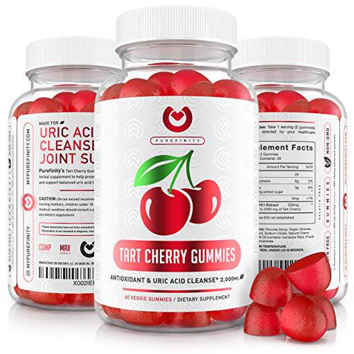 Tart Cherry Gummies – Raw Vegan Cherry Extract Gummy Alternative to Tart Cherry Capsules, Juice, Pills - Advanced Uric Acid Cleanse, Powerful Antioxidant w/ Joint Support - 60 Veggie Gummies
