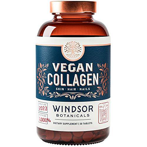 Vegan Collagen Supplements Builder Tablets - Plant-Based Collagen for Women and Men by Windsor Botanicals - Skin, Hair, Nails, and Joints Collagen Vitamins - 30 Non-GMO Collagen Booster Pills