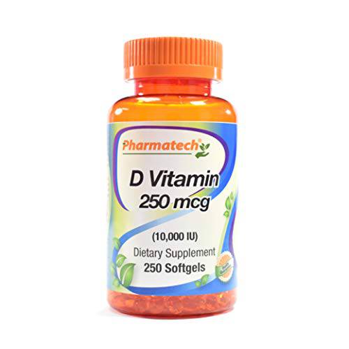 Vitamin D3 10000 IU, 250 mcg, High Potency, Support Health Immune System, Bones and Muscles Health, Gluten Free, Sugar Free, 250 Softgels, by Pharmatech®