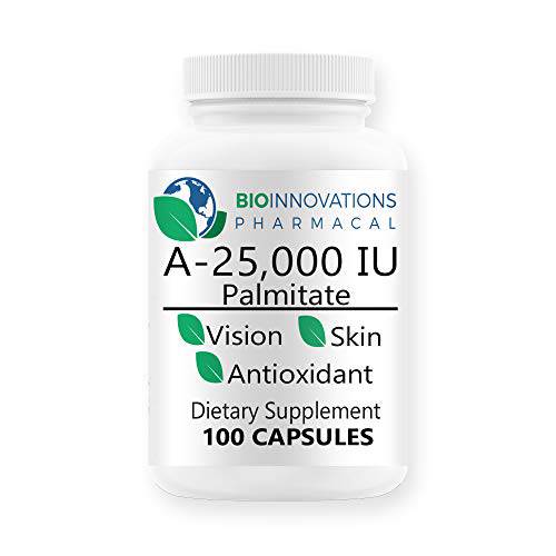 Bio-Innovations Pharmacal A-25,000 IU Palmitate , Powder Form (100 Capsules) Non-GMO, Supports Low Light Vision, Immune Support, Cellular Integrity of Skin & Bones, Antioxidant, Made in USA