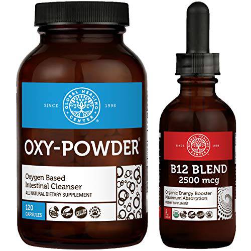 Global Healing Oxy-Powder & B12 Blend Kit - Natural, Oxygen Based Colon Cleanser of Intestinal Tract & Organic Sublingual B12 Vitamin Supplement Drops for Energy, Mood, Heart - 120 Capsules & 2 Fl Oz