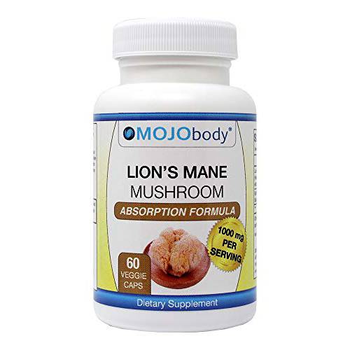 MOJObody Lion’s Mane High Absorption Formula with BioPerine (Black Pepper), Promotes Mental Clarity, Focus and Memory, Nootropic Supplement and Immune Support, 1000mg Per Serving, 60 Veggie Capsules