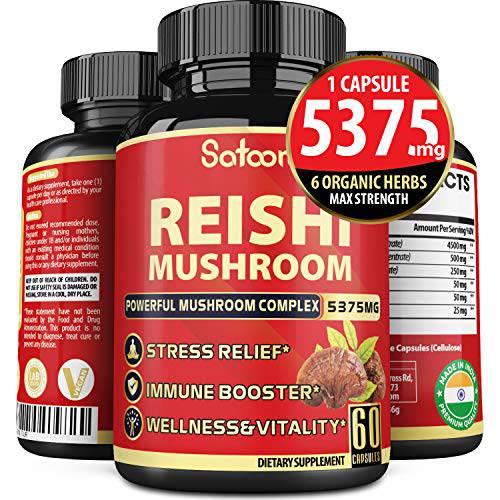 Reishi Mushroom Extract Capsules - Equivalent to 5375mg of 6 Natural Ingredients for Stress Response & Immune System Support - 60 Vegan Capsules 2-Month Supply