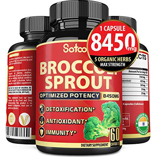 Broccoli Sprouts Extract Capsules - Rich in Fiber with Turmeric, Oregano, Green Tea and Black Pepper Extract - 8450mg - 5 Herbs - 1 Pack 60 Vegan Capsules