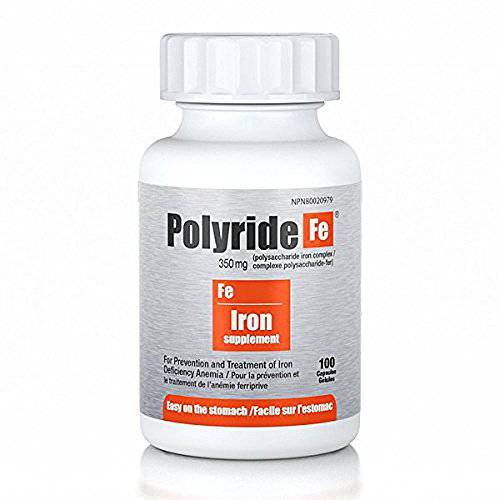 Polyride Fe Polysaccharide Iron Complex, Deficiency Anemia, Easy on The Stomach with Energy Support and 150 mg Elemental Iron, | 350 mg - 100 Capsules