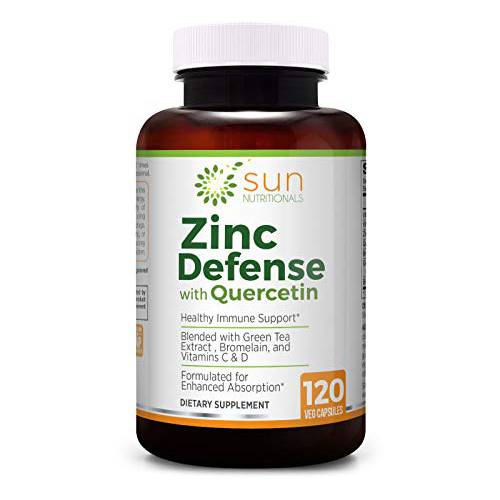 Zinc Defense with Quercetin, EGCG (Green Tea Extract), Bromelain, Vitamins C & D, 2-Month Supply, 120 VCaps, Non-GMO, Gluten Free - Sun Nutritionals