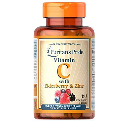 Puritan’s Pride Vitamin C with Elderberry & Zinc for Immune System Support, Chewables, 60 Count (Pack of 1)