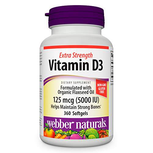 Webber Naturals Vitamin D3 5,000 IU (125 mcg), 360 Softgels, for Immune and Bone Support, Gluten and Dairy Free, Non-GMO, Delivered in Organic Flaxseed Oil to Improve bioavailability, 1 Year Supply