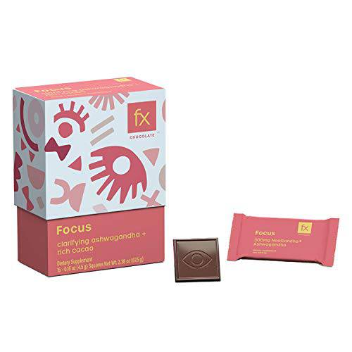 Fx Chocolate Focus - Adaptogen Chocolate Supplement to Support Concentration, Clarity + Calm with Sugar Free Cacao + Ashwagandha - Keto Dark Chocolate - Gluten-Free, Vegan + Non-GMO (Box of 15)