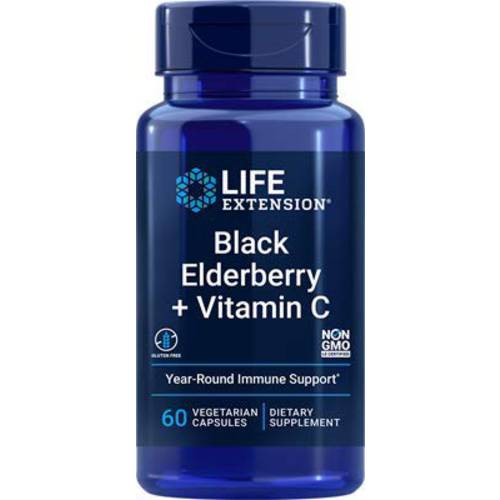 Life Extension Black Elderberry + Vitamin C - Immune System Support, Gluten-Free, Non-GMO - 60 Vegetarian Capsules