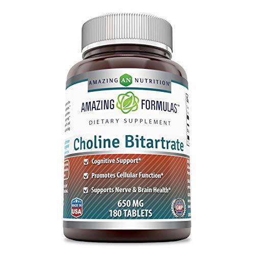 Amazing Formulas Choline Bitartrate - 650 MG, 180 Tablets (Non-GMO, Gluten Free) – Supports Nerve & Brain Health - Promotes Cellular Function - Cognitive Support