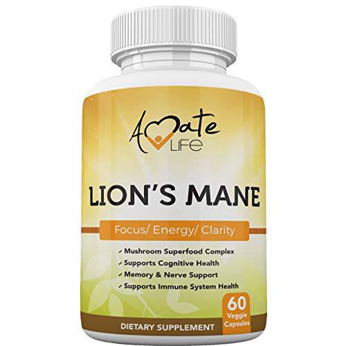 Lions Mane Mushroom Supplement Capsules Powerful Nootropic Mushroom Supplement for Focus, Mental Clarity, Memory, Brain Health & Immune Support 60 Vegetable Capsules Made in USA by Amate Life