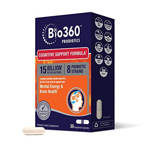 Bio360 Probiotics | Cognitive Support Formula | Brain Health & Mental Energy Probiotic for Women and Men | Vitamin-enriched | 30 Vegan Supplements