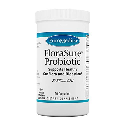 EuroMedica FloraSure Probiotic - 30 Capsules - Supports Healthy Gut Flora & Digestion, for Relief of Occasional Gas, Bloating, Diarrhea & Constipation - Vegan, Non-GMO, Dairy Free - 30 Servings