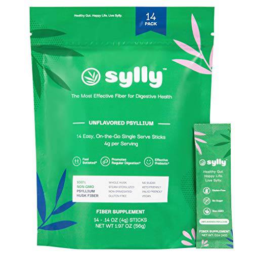 Fiber Supplement Organic Soluble Psyllium Husk Non-GMO, Gluten Free, No Sugar, Effective Prebiotic, 14 On-The-Go Single Serve Stick Packs by Sylly