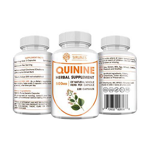 SIRUNES Quinine Capsules - Cinchona Officinalis Bark Herbal Supplement for Leg Cramping Relief, Cramp Defense and Overall Digestive Health - All-Natural Quinine Pills, 1000mg, 120 Tablets