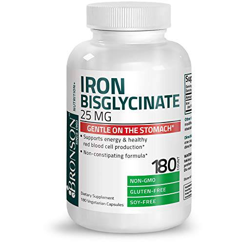 Bronson Iron Bisglycinate 25 mg Gentle on The Stomach, Supports Energy & Healthy Red Blood Cell Production - Non-Constipating Formula - Non GMO, 180 Vegetarian Capsules
