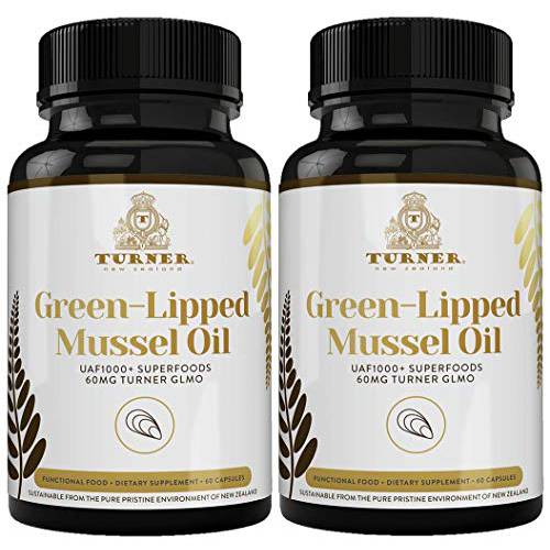 TURNER New Zealand Green Lipped Mussel Oil, Four Essential Omega-3s for Superior Joint Comfort & Mobility plus UAF1000+ Super Antioxidant, Astaxanthin, 53 X More Effective, 2 Bottles, 120 Softgels