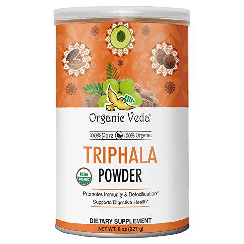 Organic Veda Triphala Powder– 100% Pure USDA Organic Ayurvedic Herbal Supplement Made with Organic Herbs Amla, Haritaki, Bibhitaki Fruits for Colon, Digestive & Immune System – 8 oz (227 gm)