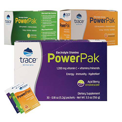 Trace Minerals Electrolytes Powder Packets - Best Value Pack of 3 Electrolyte Stamina Power Pak 1200 Mg Vitamic C, Your Daily Supplement for Energy & Immune Boost | Acai, Orange & Lime, 30ct Each