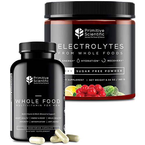 Primitive Scientific Whole Food Supplement for Men’s Holistic Health (Bundle) | Men’s Multivitamins (120 Vegetarian Capsules) + Sugar-Free Electrolyte Powder (180g) | 100% Natural, Non-GMO