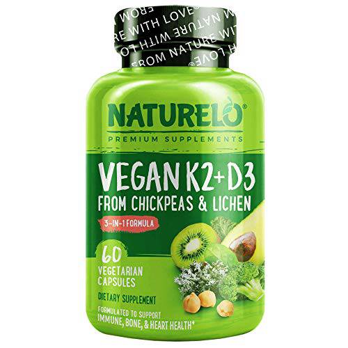 NATURELO Vegan K2+D3 - Plant Based D3 from Lichen - Natural D3 Supplement for Immune System, Bone Support, Joint Health - Whole Food - Vegan - Non-GMO - Gluten Free (60 Count (Pack of 1))