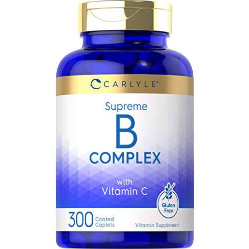 Vitamin B Complex with Vitamin C | 300 Caplets | Vegetarian, Non-GMO and Gluten Free Supplement | by Carlyle