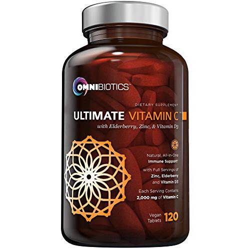 Ultimate Vitamin C 2000 mg with Full Servings of Zinc, Elderberry, & Vitamin D3 - Advanced Immune Support & Antioxidant Supplement - 120 Vegan Tablets
