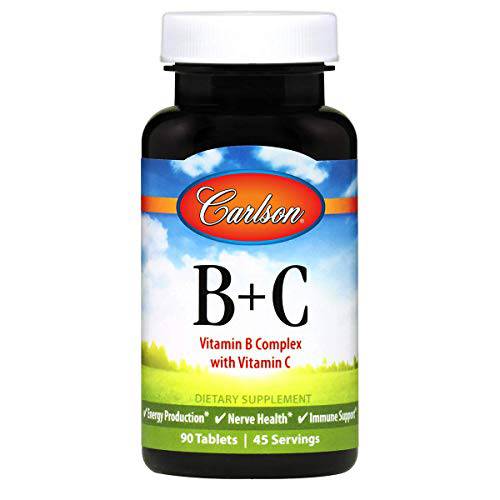 Carlson - B + C, Vitamin B Complex with Vitamin C, Energy Production, Nerve Health & Immune Support, 90 Tablets