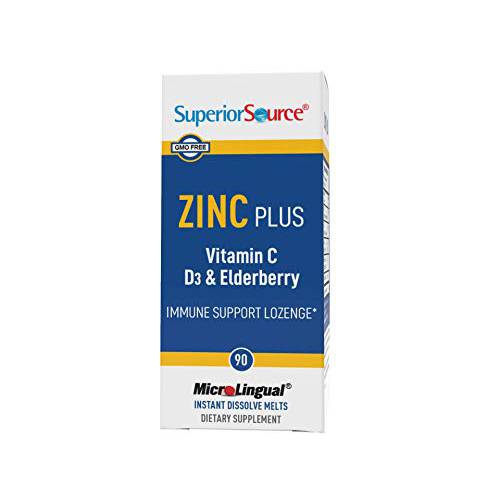 Superior Source Zinc Plus Lozenges, with Vitamin C (30 mg), D3 (1,000 IU), Elderberry Extract, Quick Dissolve Sublingual Tablets, 90 Ct, Promotes a Healthy Immune System, Non-GMO
