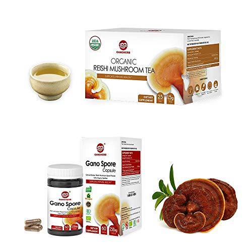 GANOHERB Reishi Mushroom Spore Capsule (60 Capsules) +Reishi Mushroom Tea (25 Bags) Bundle - Organic,Vegan,Paleo,Gluten Free for Boost Immune System.