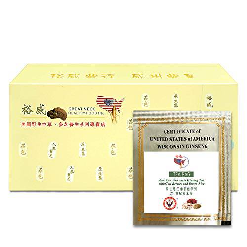 Yu Wei Ginseng - American Ginseng Tea with Goji Berries and Brown Rice(7.5g x 30 Bags) Ginseng Board of Wisconsin Certified