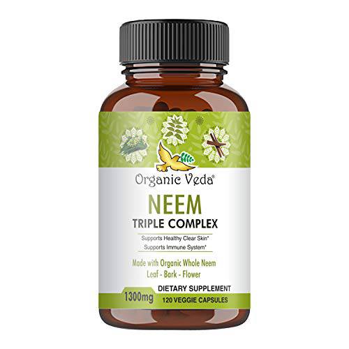 Organic Veda - Neem Leaf Extract Triple Complex, Vegan Neem Capsules for Healthy Skin & Immune System, Made from Whole Neem Leaf, Bark, & Flower, 120 Veggie Capsules, 1300 mg