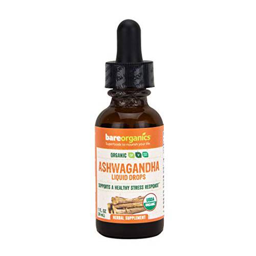 BareOrganics Ashwagandha Root Liquid Drops, Herbal Supplement, Organic Stress Relief Drops