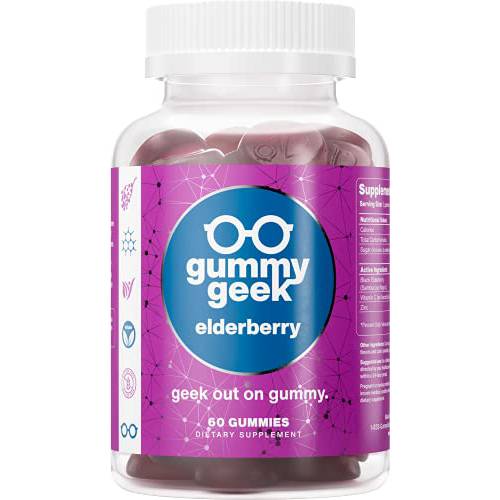 Gummy Geek: Elderberry Gummies - Nutritional Supplement with Vitamin C, and Zinc for Immune Support - 60 Count - Elderberry Flavored - All Natural, Non-GMO - Easy to Chew - No Gluten
