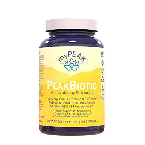 myPEAK - PeakBiotic Probiotics for Digestive Health, Skin and Mood, All-Natural Prebiotic Probiotic and Quercetin Supplements, Vegan Probiotics with 50 Billion CFU, 2-Month Supply, 60 Capsules