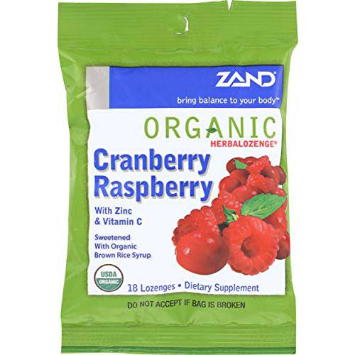Zand Immunity Organic CranRaspberry HerbaLozenge Throat Drops w/ Vitamin C & Zinc | No Corn Syrup | 1 Bag, 18 Lozenges