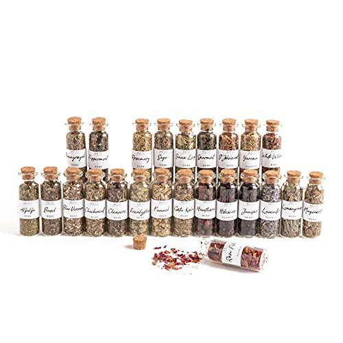 Lulli Dried Herbs for Witchcraft - 24 Bottles of Magical Herbal Supplies for Pagan, Wiccan, Witch Spells & Ritual - with Lavender, Mugwort, Sage, Thistle - Essential Kit for Altar, Magic (Wooden Box)