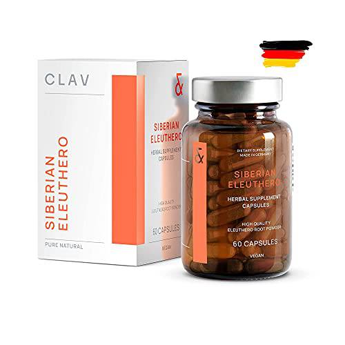 CLAV Siberian Eleuthero - 900mg Siberian Ginseng Root Powder - Eleuthero Root - Energy Supplement - Reduction of Tiredness & Fatigue - 60 Ginseng Capsules Vegan - Made in Germany