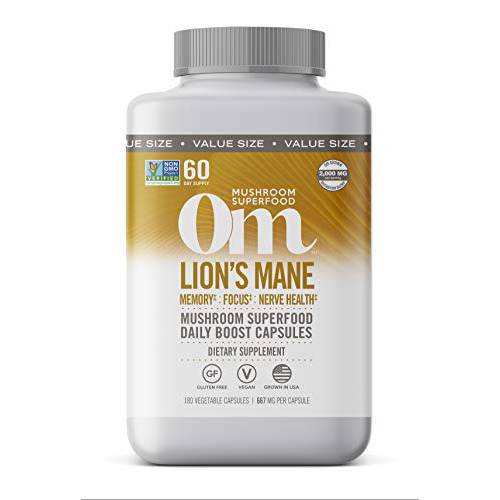 Om Mushroom Superfood Lion’s Mane Mushroom Capsules Superfood Supplement, 180 Count, 60 Days, Fruit Body and Mycelium Nootropic for Memory Support, Focus, Clarity, Nerve Health, Creativity and Mood