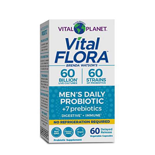 Vital Planet - Vital Flora Men’s Daily Shelf Stable Probiotic Supplement with 60 Billion Cultures and 60 Strains, Immune and Digestive Support Probiotics for Men with Prebiotic Fiber, 60 Capsules