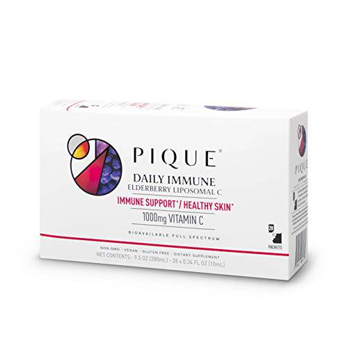 Pique Daily Radiance Liposomal Vitamin C for Immune Support - 1,000 mg Vitamin C & 1,900 mg Elderberry per Packet, Powerful Antioxidants for Healthy Collagen Production - 28 Packets (10mL Each)