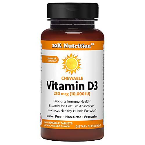 10K Nutrition | Chewable Vitamin D3 10,000iu | Natural Orange Flavor | 100 Chewable Tablets | Immune Support | Non-GMO | Gluten Free | Vegetarian |
