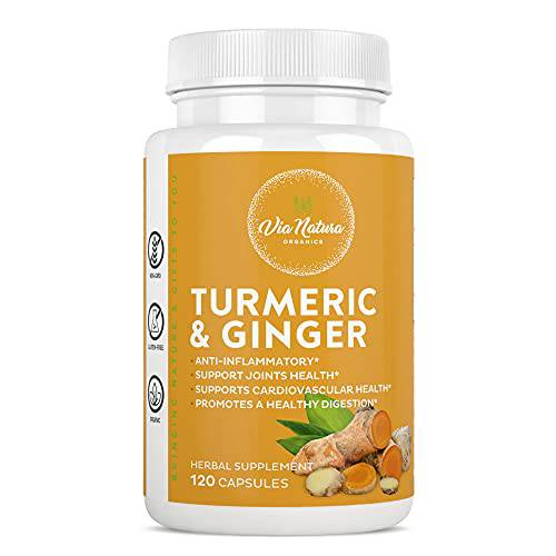 Via Natura Organics Turmeric & Ginger Capsules 1000mg | Organic Herbal Supplement | Anti-Inflammatory | Promotes a Healthy Digestion | 120 Capsules