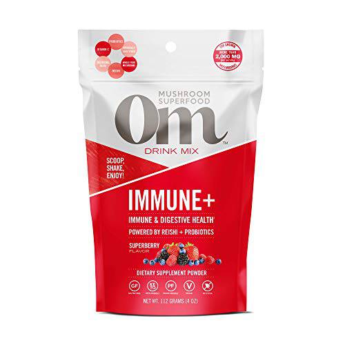 Om Mushroom Superfood Immune Plus Mushroom Powder Drink Mix, Superberry, 4 Ounce, 18 Servings, Mushroom Blend, Reishi, Turkey Tail, Agaricus blazei, Vitamin C & Probiotics, Immune Support Supplement