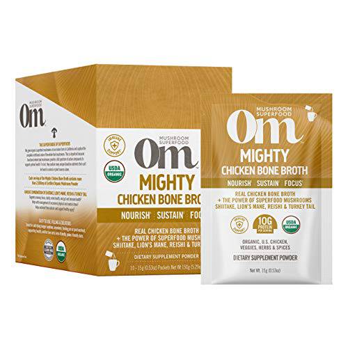 Om Mushroom Superfood Mighty Chicken Bone Broth 10g Protein Powder, Single Serve, 10 Count, US Organic Chicken Broth, Supports Immune and Gut Health