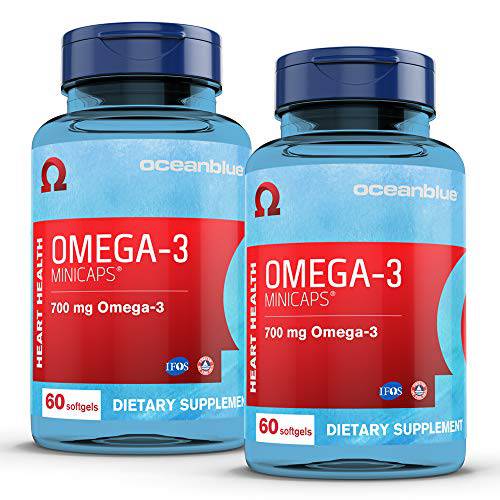 Oceanblue Omega-3 Minicaps – 60 ct – 2 Pack – Small Easy to Swallow Burpless Fish Oil Supplement with an Ideal Daily Dose of EPA and DHA – Wild-Caught – Vanilla Flavor (60 Mini Servings)